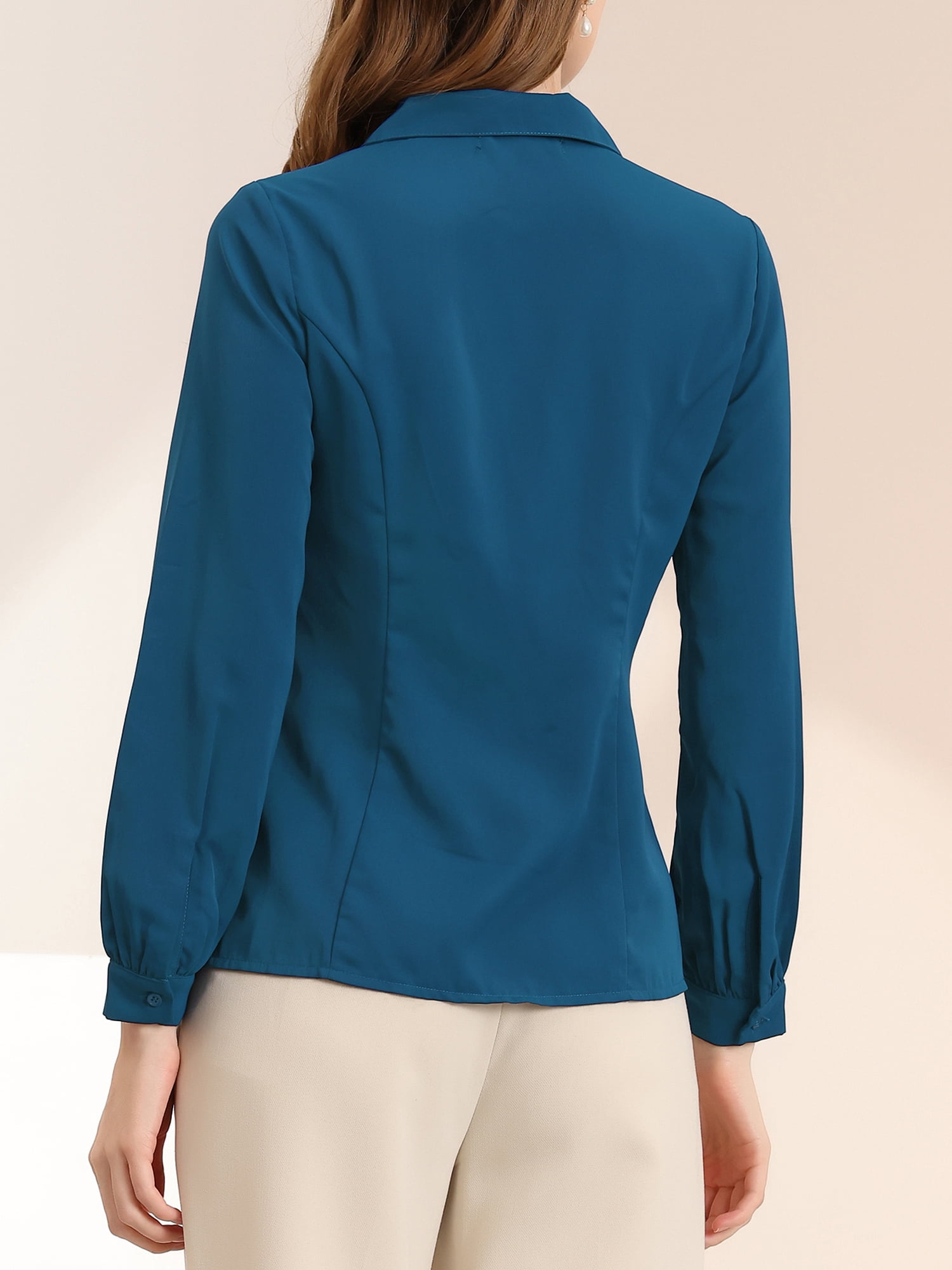 DARING DIVA Women's Peter Pan Collar Long Sleeve Button Down Work Shirts S Peacock Blue