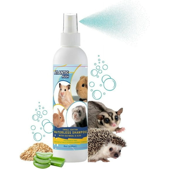 Waterless Shampoo for Small Critters- 8oz Small Animal Fragrance Free, & Crulety Free Dry Shampoo-- No Rinse for Pet Ferrets, Guinea Pigs, Hedgehogs, Sugar Gliders, Rabbits & Hamsters