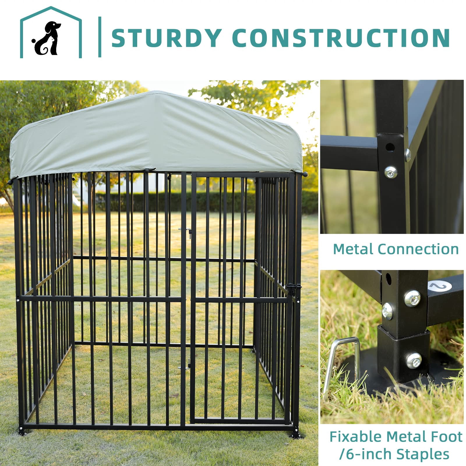 MEETWARM Large Outdoor Dog Kennel, Metal Heavy Duty Outdoor Indoor Pet Playpen, Anti-Rust Outdoor Dog Fence Dog Pens with Anti-UV & Waterproof Top Cover and Secure Lock for Backyard, 6'L x 6'W x 6'H