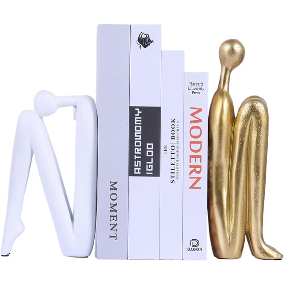 Modern Decorative Bookends,Gold and White Book Ends for Heavy Books, Thinker Statue Decor,Book Holders for Book Shelves,Unique Office Desk Decorations, Modern Bookshelf Decoration