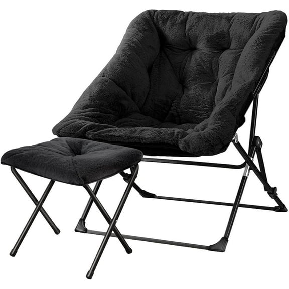 CSPP Folding Comfy Chair with Ottoman, Faux Fur Soft Cozy Lounge Reading Papasan Chair with Footrest for Adults Kids Bedroom Living Room Dorms Small Space, Black
