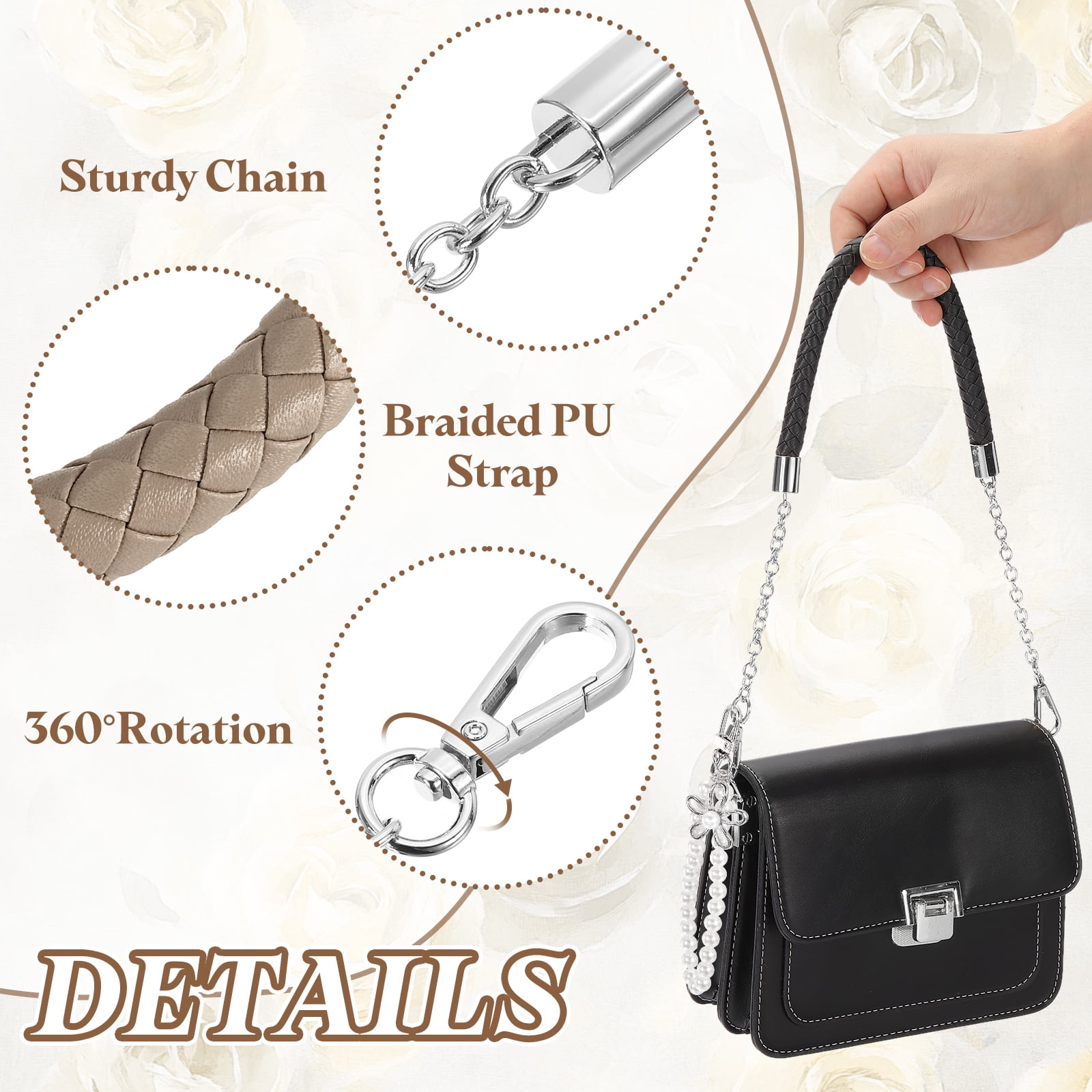 Uxcell 2 Pcs PU Leather Chain Purse Strap, 23.6 Inch Braided Purse Handles Replacement Strap with Pearl Pendant for Tote Bag Handbag Underarm Bag (Gray, Silver Chain)