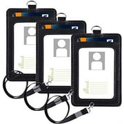PU Leather ID Badge Card Holder, Vetoo - 3 Pack PU Leather Vertical ID Badge Card Holder with Detachable Lanyard/Strap