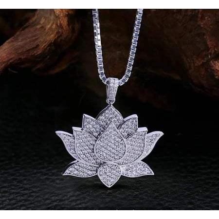 Lotus Flower Pendant 3 Ct Round Cut White Moissanite 14K White Gold Plated
