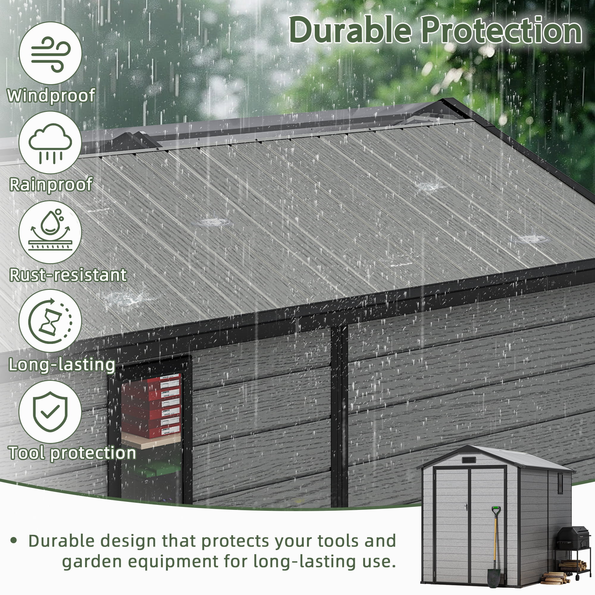Sylviera 6x8FT Resin Outdoor Storage Shed with Floor, All-Weather Waterproof Plastic Garden Shed for Backyard, Heavy-Duty Storage Shed for Tools, Bikes & Lawn Equipment