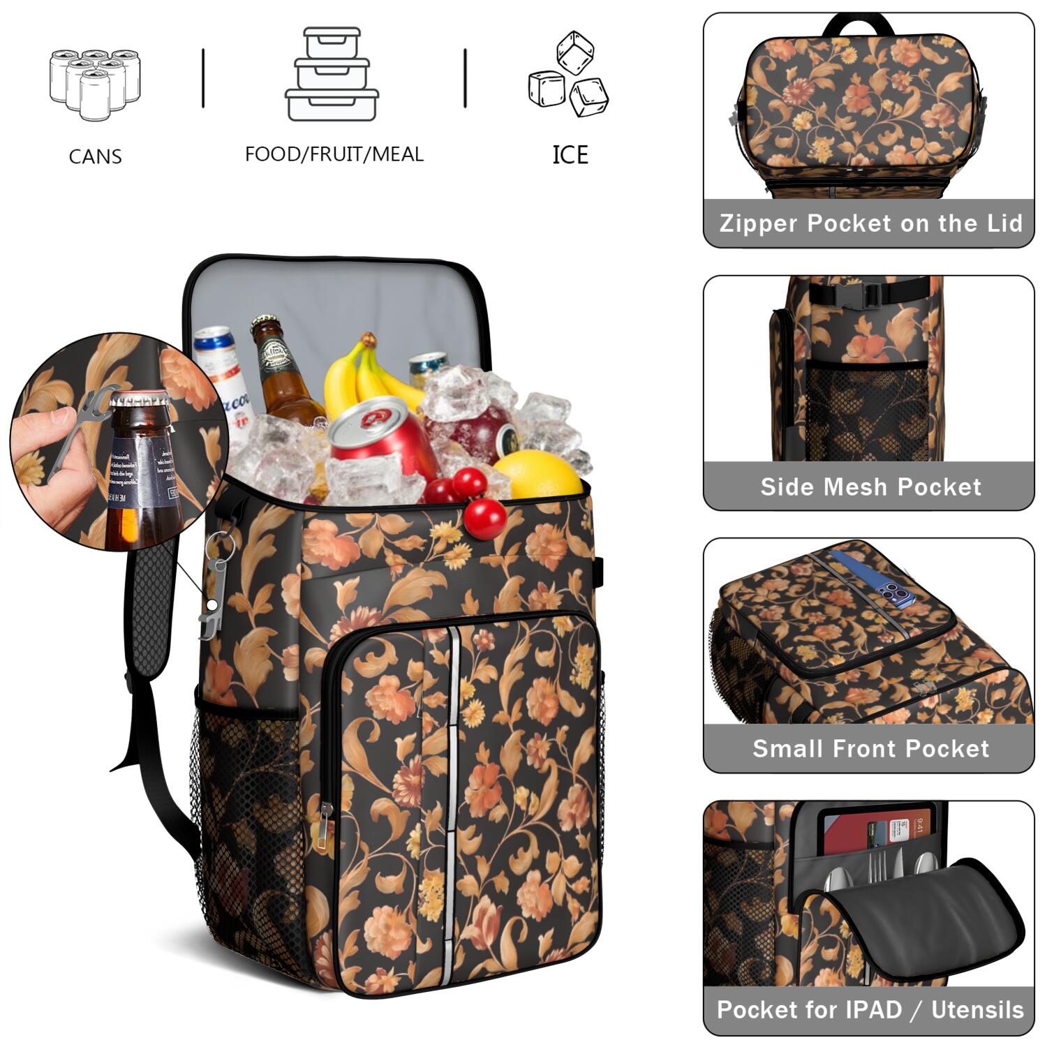 Travel Cooler Bag - Pioneer Flower Floral Print Pattern Camping Beer Cooler Backpack with Bottle Opener- Waterproof Insulated Picnic Backpacks - Cooler Bag for Beach