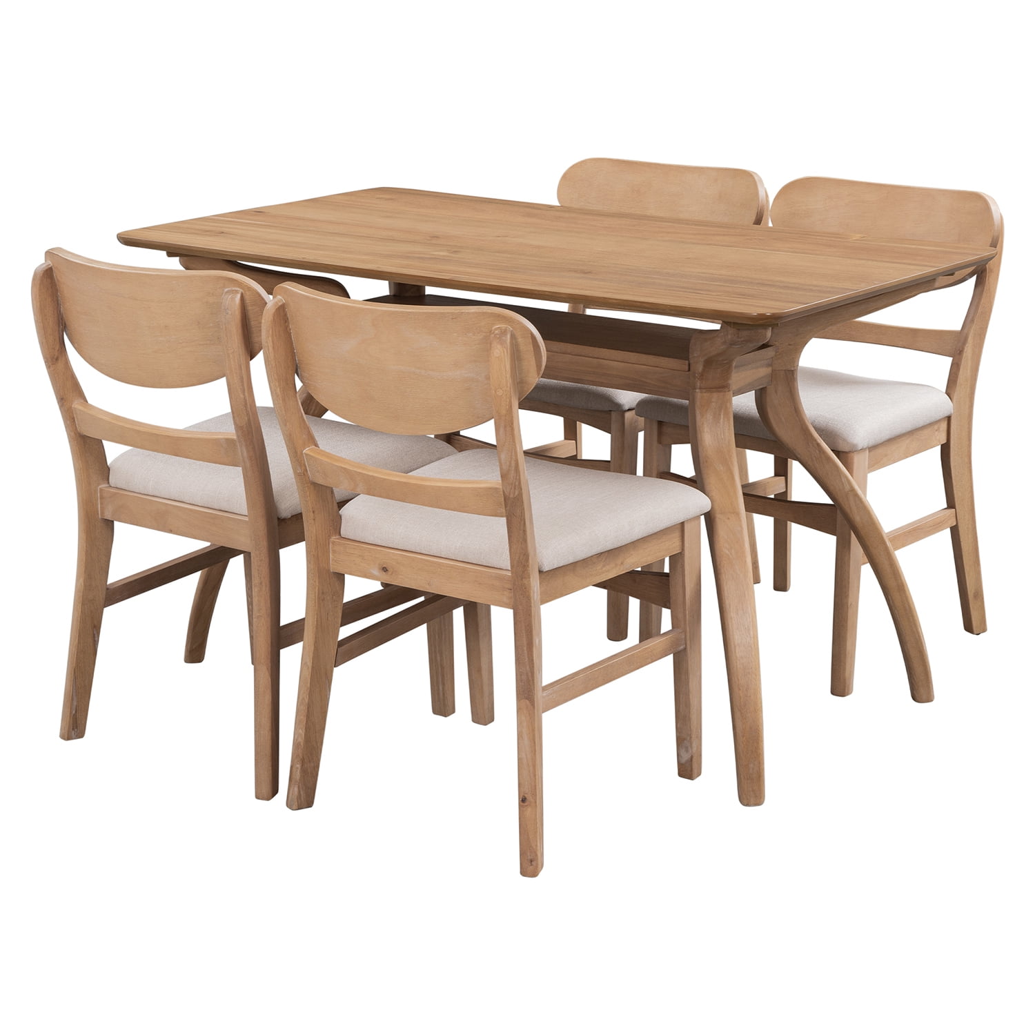 Kadyn 5-Piece Dining Table Set, Solid Wood Dining Set with MDF Board Tabletop and 4 Upholstered Chairs, Kitchen Table and Chairs Set for Dining Room, Natural Wood Wash