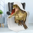 thumbnail image 4 of Dinosaur Soft Flannel Fleece Throw Blanket, Image of Roaring Rex Realistic Historical Animal with Sharp Teeth, Cozy Plush for Indoor and Outdoor Use, 70" x 90", Army Green Scarlet Tan, by Ambesonne, 4 of 5