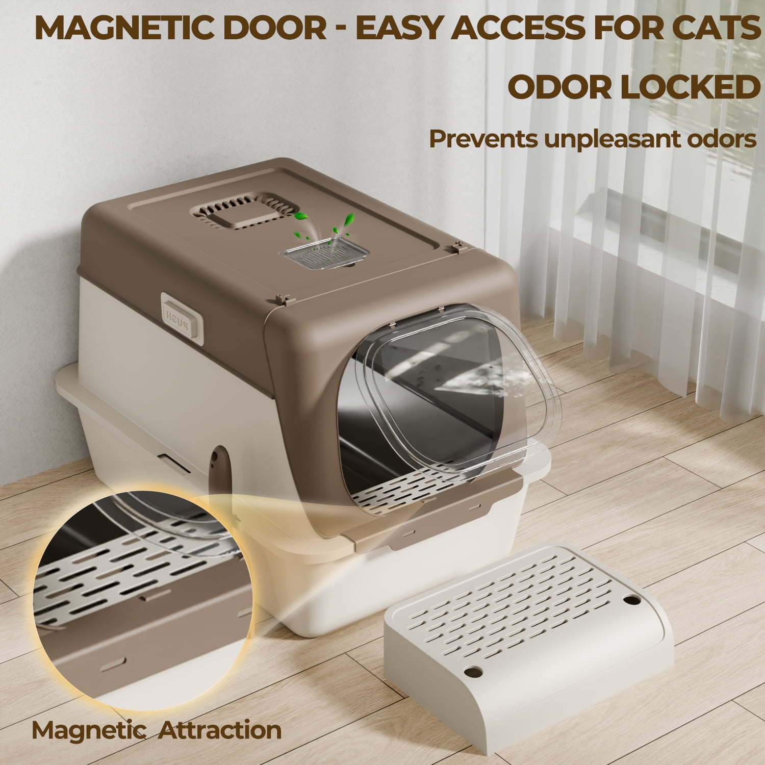 Stainless Steel Cat Litter Box with Lid, XX-Large Extra Large Litter Boxes for Large Cats,Enclosed Removable Metal Kitty Litter Box with High Sided,Magnetic Door,40L Box, Litter Trap Step/Mat（brown）