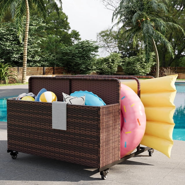 Pool Float Storage Organizer with Rolling Wheels, Outdoor Wicker Rattan Pool Caddy & Toy Storage Basket for Poolside, Patio & Deck, All-Weather PE Rattan Pool Caddy, 2 Open Compartments, Mixed Brown