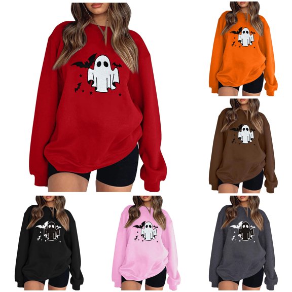 Halloween Sweatshirt for Women Hoodless Sweatshirt Casual Long Sleeve Graphic Crewneck Pullover Top for Women Red XXL