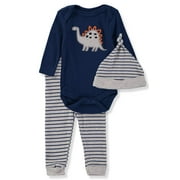 Bon Bebe Baby Boys 0-9 Months Dinosaur Bodysuit Pant Set with Hat(Blue 0-3 Months)