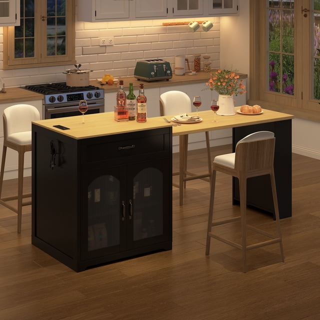 Noble House Extendable Counter Table with Wheels & Power Outlet,Black+Natural