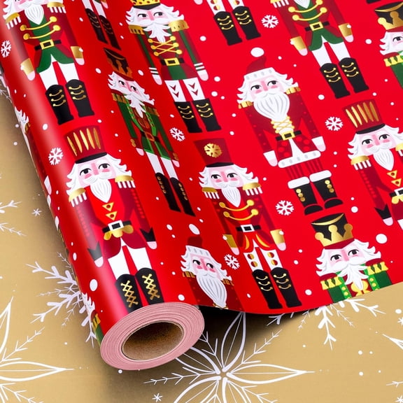 Reversible Christmas Wrapping Paper Roll, Elegant The Nutcracker Wrapping Paper, Shiny Festive Red Nutcracker Christmas Gift Wrap With Gold Snowflakes Design (Mini Roll, 17 Inch X 33 Feet