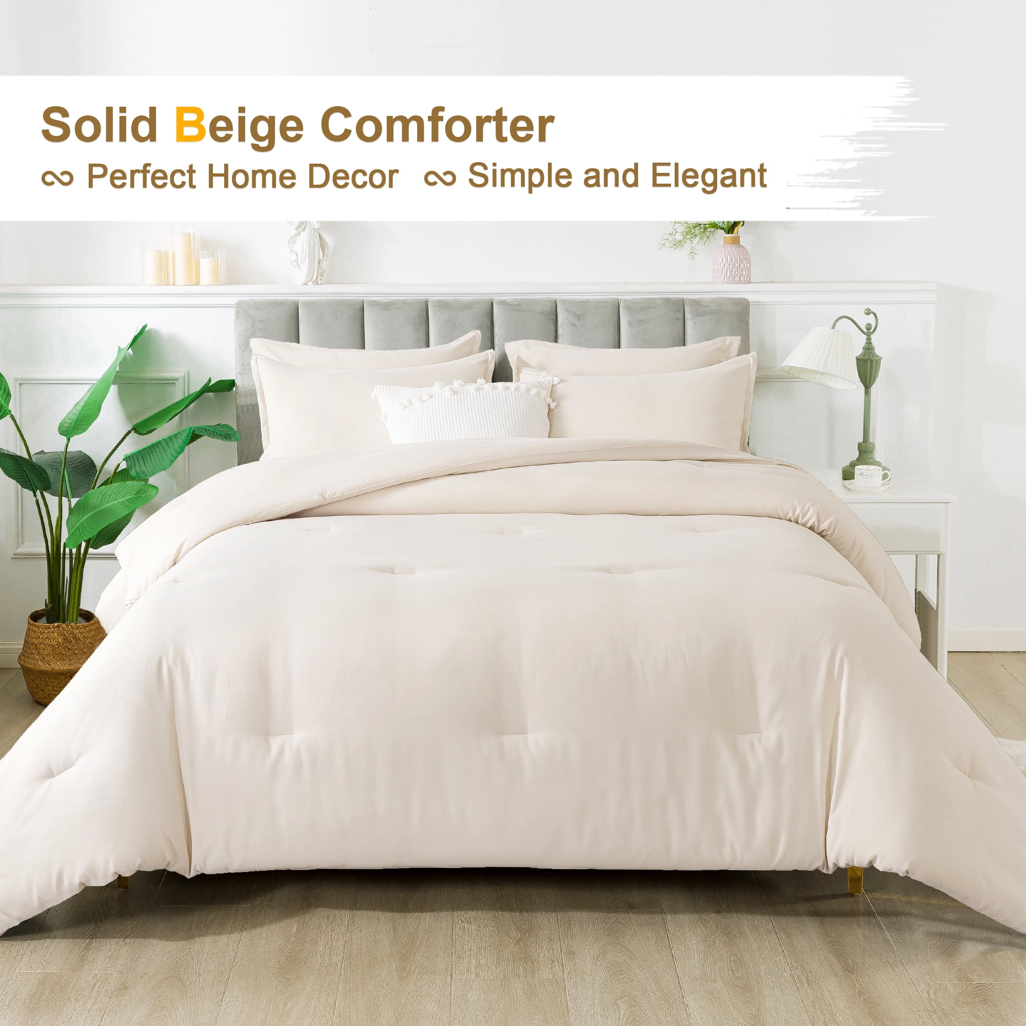 Andency Queen Comforter Set Beige, 3 Pieces Soft Fluffy Bedding Comforter Sets for Queen Bed, Solid Lightweight Microfiber Down Alternative Bed Set(1 Comforter & 2 Pillowcases)