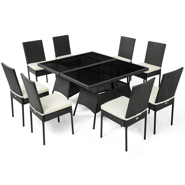 Gymax 10PCS Rattan Dining Set Cushioned Chair Table w/ Glass Top Furniture Patio