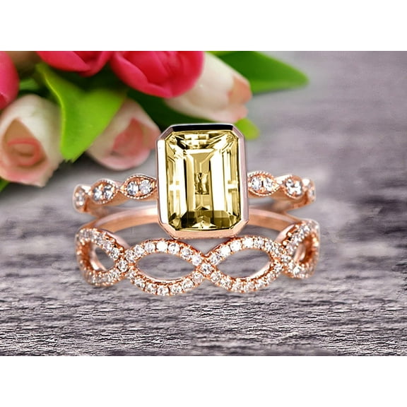 Glaring 2.25 Carat 7x5mm Emerald Cut Champagne Diamond Moissanite Engagement Ring Solid 10k Rose Gold Promise Ring for Bride Loop Curved Wedding Band Custom Made Sparkling Jewelry
