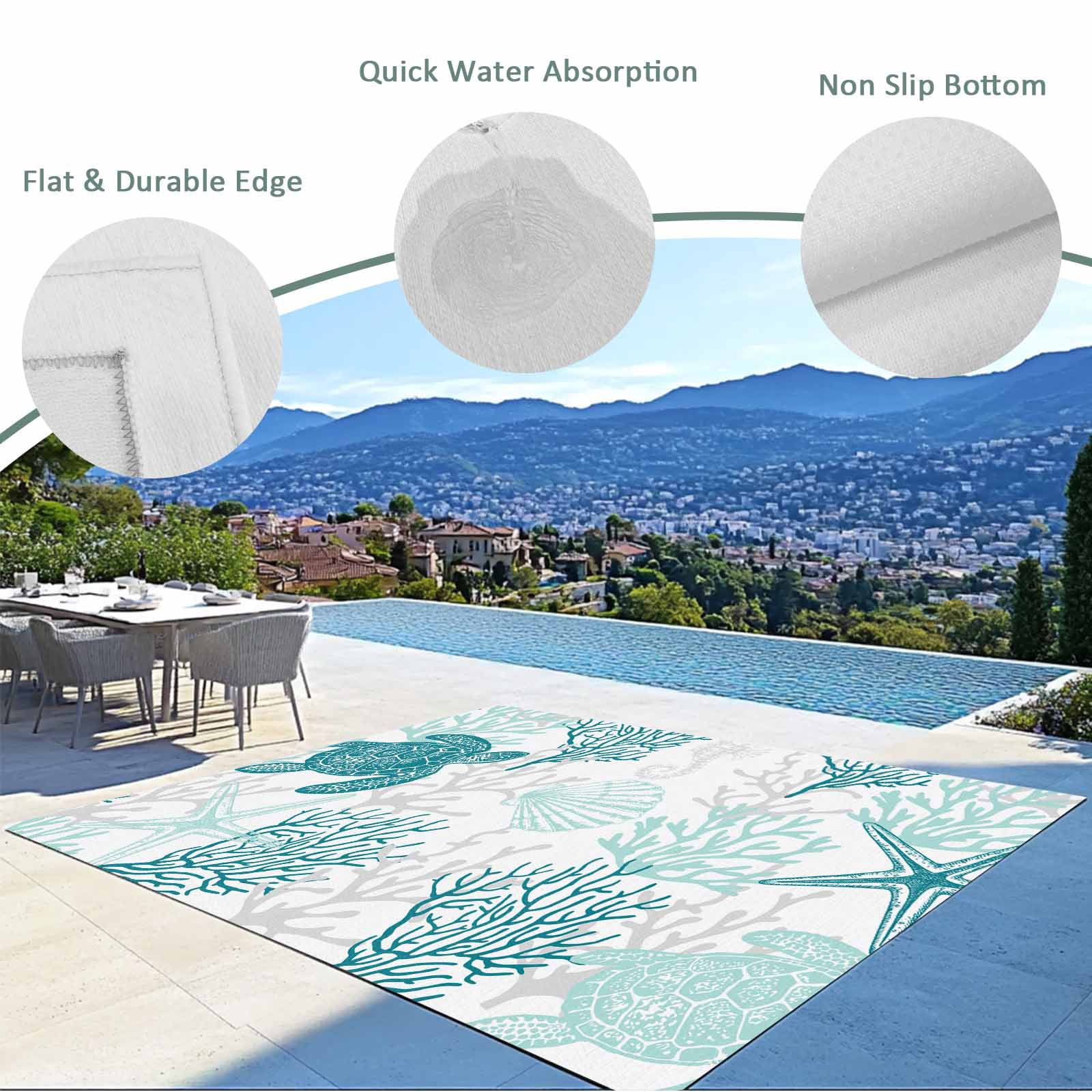 Fsddascl Turquoise Coastal Outdoor Rug for Patio/Deck, Non-Slip Large Area Rug 6 x 9 Ft, Sea Turtle Nautical Coral Summer Beach Indoor Outdoor Rugs Washable Area Rugs, Reversible Camping Rug Carpet