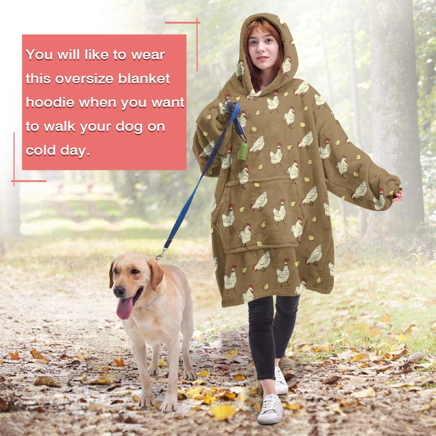 Wearable Oversized Blanket,Beige Chicken Pattern Wearable Blanket Hoodie for Adults,Cozy Hooded Blankets with Super Pockets,Super Warm Fuzzy Pullover for Women & Men