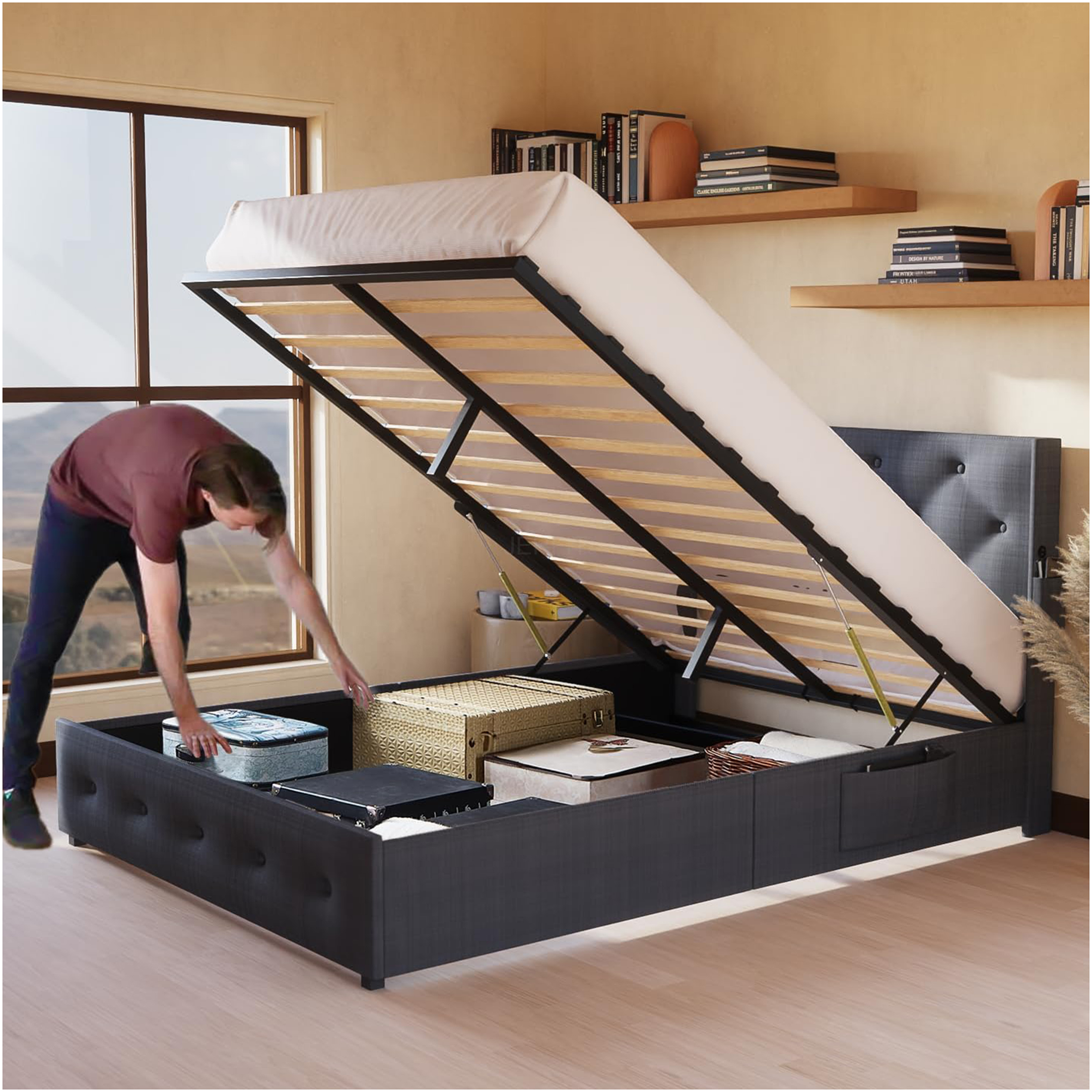 JERFIT Queen Upholstered Storage Bed Frame with Wingback Headboard, USB Charging Ports, Dark Gray