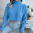 thumbnail image 3 of Women'S Cropped Turtle-Neck Sweater Knitted Pullover Sweaters Long Sleeve Crew Neck Jumper Tops Blue L, 3 of 8