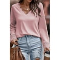 thumbnail image 4 of Women's Pink Ribbed Texture Lace Trim V Neck Long Sleeve Top, 4 of 5