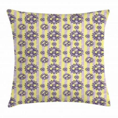 Wheel Stripe - Steampunk Throw Pillow Cushion Cover, Graphic Machine Wheels Pattern on Grungy Striped Background, Decorative Square Accent Pillow Case, 20 X 20 Inches, Lavender Yellow and Eggplant, by Ambesonne
