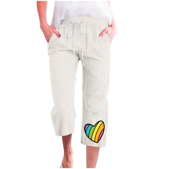 Casual Loose Capris Pant Straight Leg for Women Rainbow Printed Jogger Juniors Stretch Going Out Pockets Cropped Pants Trousers