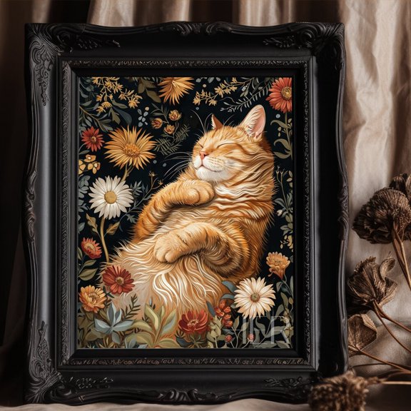 Kna Prints - Sleeping Ginger Cat Dark Forest Art Cottagecore Academia Gothic Botanical Floral Wall Art Decor Moody Animal Painting Printable Download Art, UNFRAMED-8x12