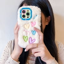 Allytechgroup Plush Case for iPhone 16 Plus, Cute Big Heart with Love Camera Lens Kickstand for Girls Women Soft TPU Shockproof Protective Girly for iPhone 16 Plus, White