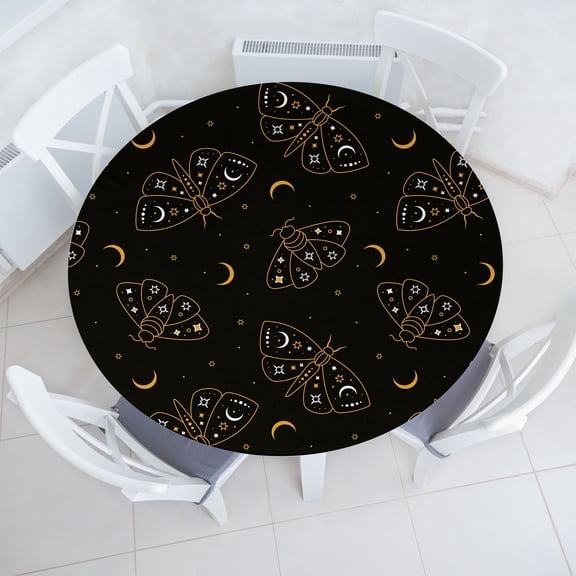 Ambesonne Cosmic Moth Fitted Round Tablecloth, Art of Medieval Wings, 56"- 60" Diameter, Dark Brown Pale Orange