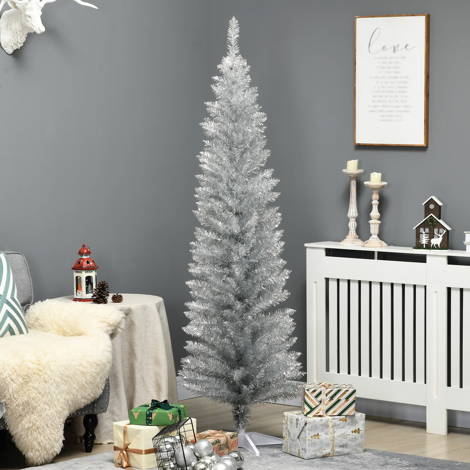 6ft Unlit Pencil Christmas Tree 390 Tips Easy Assembly Plastic Base Small Space Holiday Decor