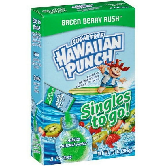 (8 Packets) Hawaiian Punch Green Berry Rush Sugar Free, On-The-Go, Caffeine Free, Powdered Drink Mix