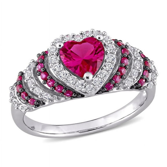 AMOUR 1 3/4 CT TGW Created Ruby and Created White Sapphire Heart Halo Vintage Ring In Sterling Silver