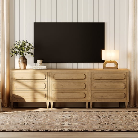 Oak Modern TV Stand for 100 Inch TVs, Wood Entertainment Center with 9 Drawers Storage for Living Room Bedroom