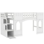 Euroco Wood Twin Size Loft Bed, Castle House Bed with Storage Staircase, White