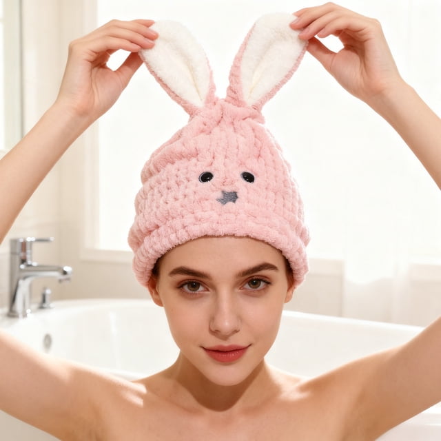 Uuiauoio Cute Rabbit-Shaped Hair Drying Towel, Soft Absorbent Dry Hair Cap, Absorbent Microfiber Hair Towel for Curly Long Hair for Women Girls