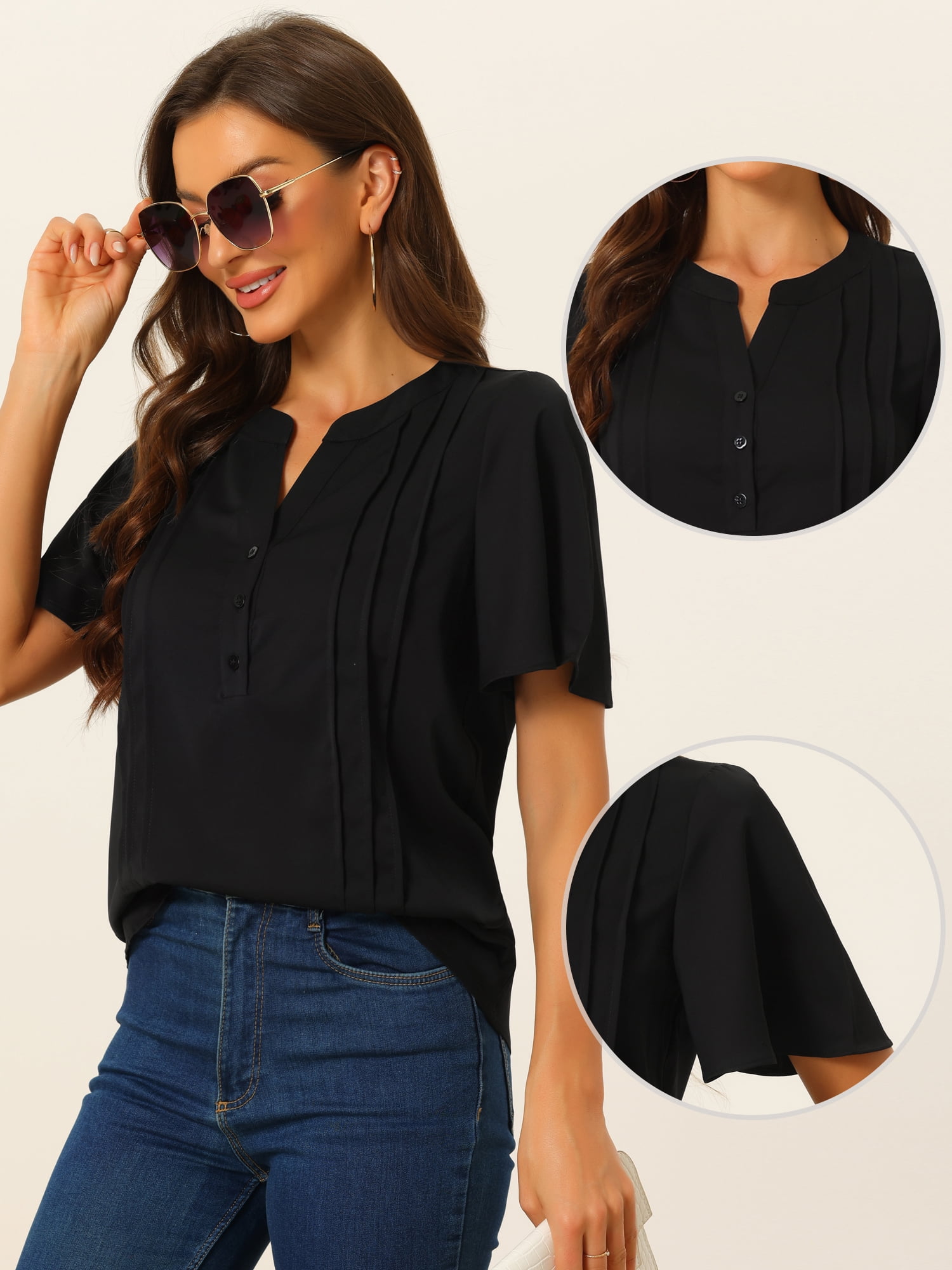 Unique Bargains Women Dressy Tops V Neck Button Down Shirts Work Short Sleeve T Shirt XS Black