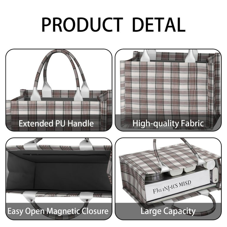 Large Capacity Tote Bag,Brown and White Checkerboard Checkered
