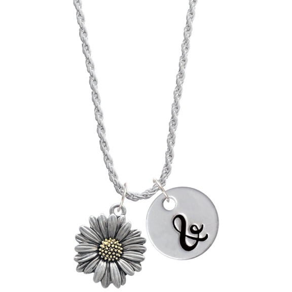 Delight Jewelry Two-tone Large Daisy Flower Silvertone Script Initial Disc - & - Charm Necklace, 20"+3"