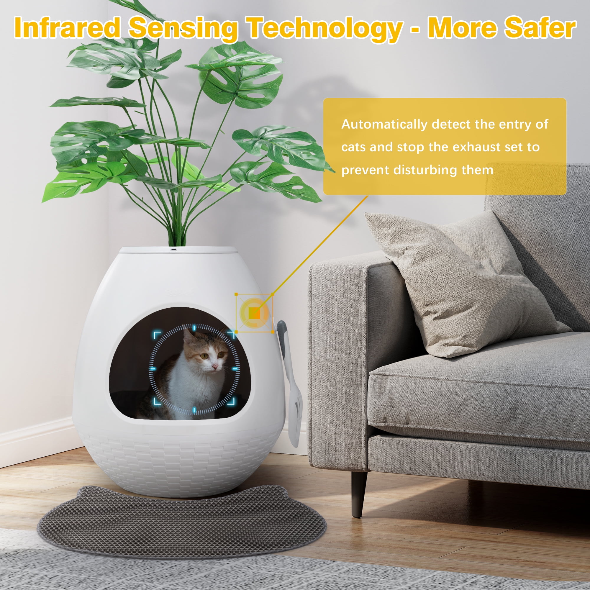 Jaxpety Large Smart Plant Litter Box with Deodorization System, Artificial Plants,5 Cat Litter Bags,Light,Cat Litter Mat,Scoop,White