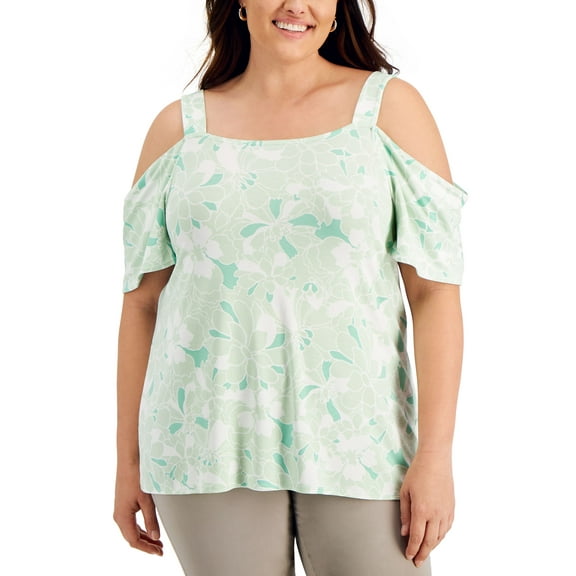 JM Collection Plus Size Floral Print Cold Shoulder Top Enchant Mint Combo 1X