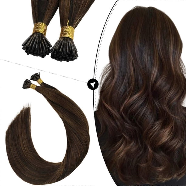 Extensiones de cabello humano de 18 pulgadas con punta en I, color marrón oscuro con reflejos castaño claro, Remy Fusion preadheridas.