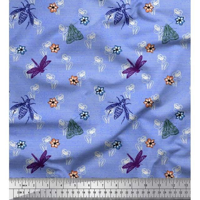 Soimoi Cotton Duck Fabric Floral,Moth & Dragonfly Insects Printed Fabric 1 Yard 56 Inch Wide