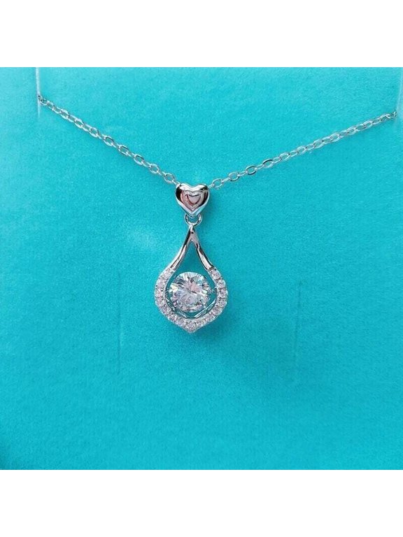 Round Cut Cubic Zirconia Dancing Stone Tear Drop Necklace 14k White Gold Finish