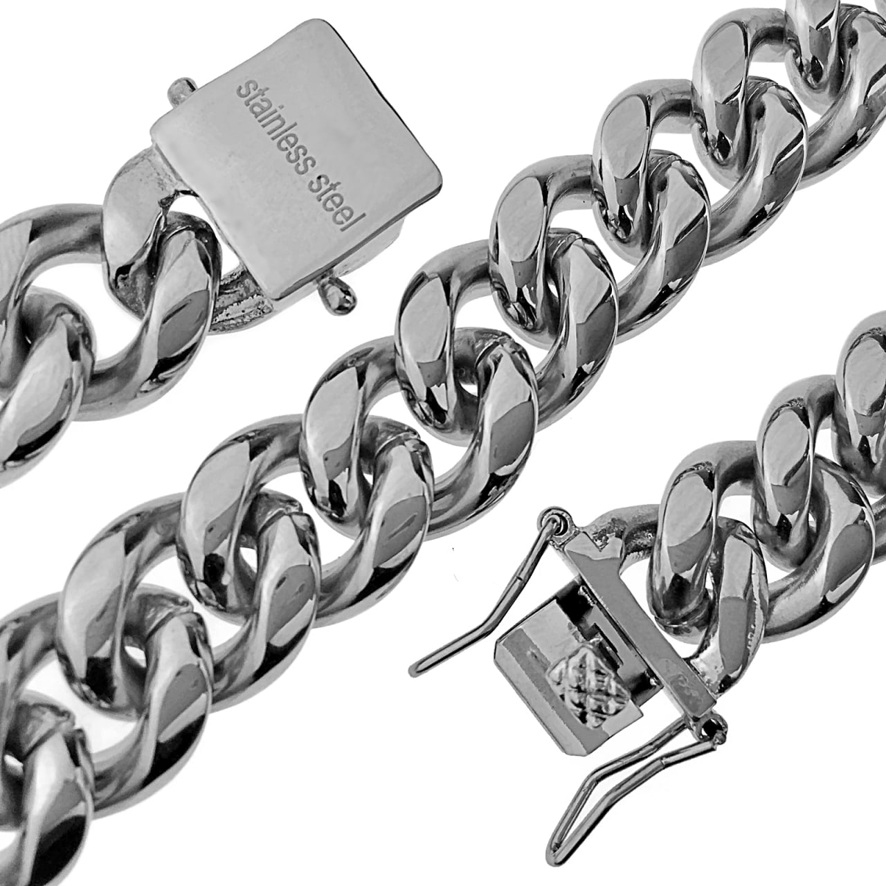 14mm Stainless Steel Iced Clasp Large Silver Cuban Chain 