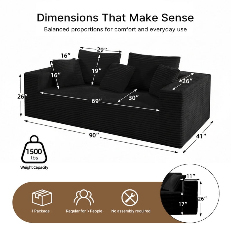 3-Seater Boneless Corduroy Upholstered Armrest Sofa, No Assembly Floor Couch, Memory Foam Large Loveseat with Throw Pillow