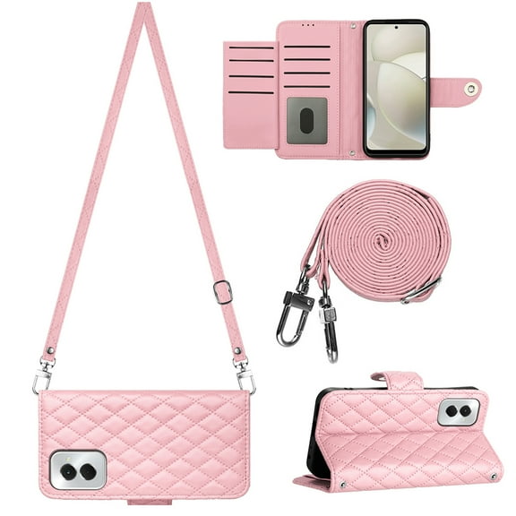 for Motorola Moto G Power 5G 2024 Wallet Case, Elegant Card Holder Cash Slot PU Leather Kickstand Shoulder Strap Shockproof Protective Flip Women Girls Case Cover for Moto G Power 5G 2024, Pink
