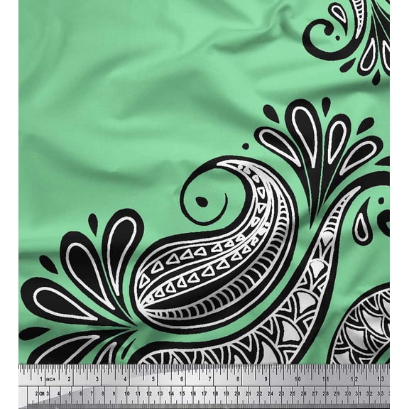 Soimoi Green Silk Fabric Geomertic & Paisley Print Fabric by the Yard 42 Inch Wide