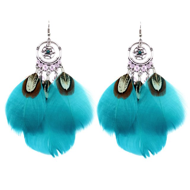 Boucles d'Oreilles Pendantes Ethniques pour Femmes avec Plume Artificielle